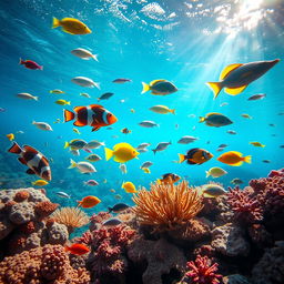 A vibrant underwater scene featuring various species of colorful fish swimming gracefully among coral reefs