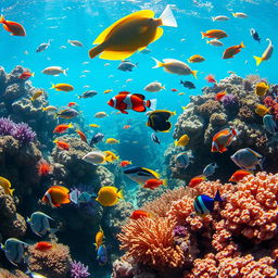 A vibrant underwater scene featuring various species of colorful fish swimming gracefully among coral reefs
