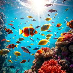 A vibrant underwater scene featuring various species of colorful fish swimming gracefully among coral reefs