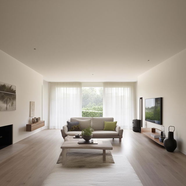 A minimalist living room design showcasing a large open space with cost-effective but stylish furnishings.