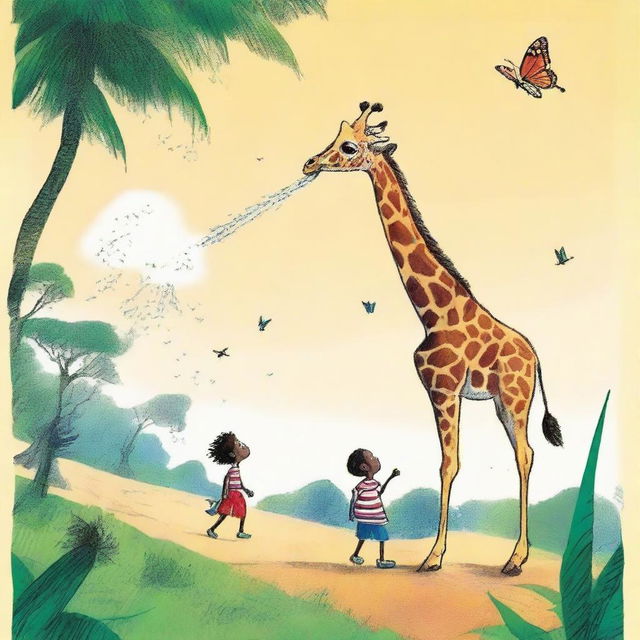 Page 1 of 'Dizzle the Butterfly' features a vibrant, semi-dramatic illustration of Dizzle being whisked away by a hurricane from his Caribbean homeland all the way to Africa