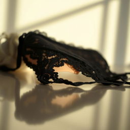 A close-up view of an elegant black thong, showcasing its intricate lace details and soft satin fabric