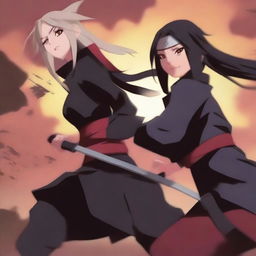 An expertly rendered digital art piece showcasing a thrilling battle between two seductive female ninjas