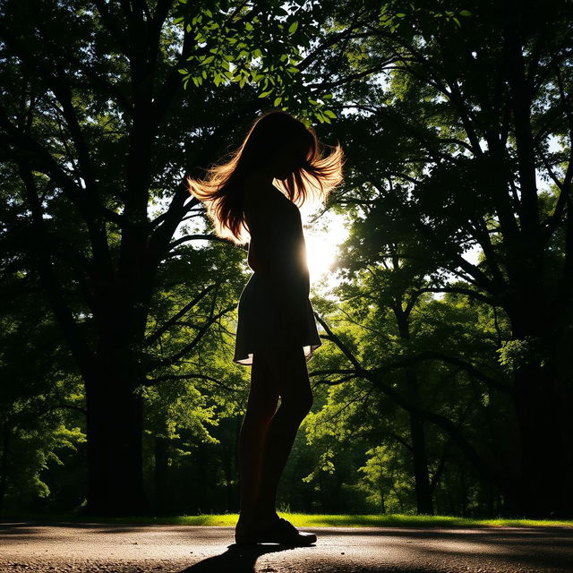 A striking silhouette of a girl standing gracefully against a backdrop of lush, green trees