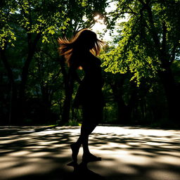 A striking silhouette of a girl standing gracefully against a backdrop of lush, green trees