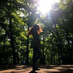 A striking silhouette of a girl standing gracefully against a backdrop of lush, green trees