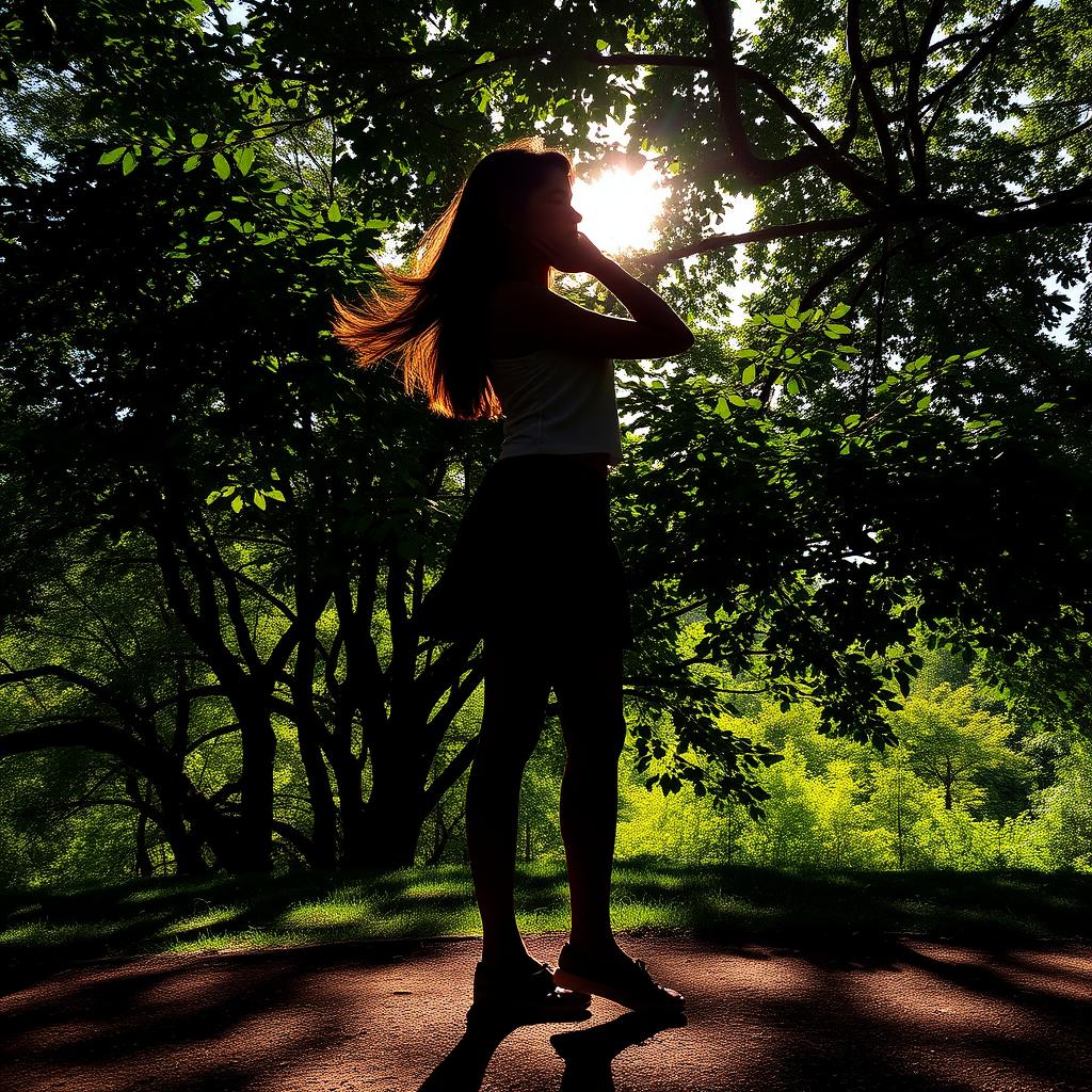 A striking silhouette of a girl standing gracefully against a backdrop of lush, green trees