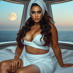 A full-body image of an alluring and attractive 50-year-old woman with Arab features, long wavy brown hair, and captivating cyan eyes
