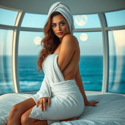 A full-body image of an alluring and attractive 50-year-old woman with Arab features, long wavy brown hair, and captivating cyan eyes