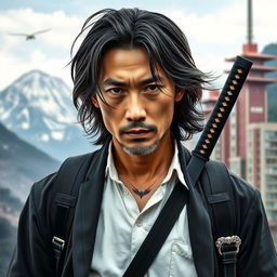 A man of Japanese appearance who is a frequent traveler yet maintains a neat appearance