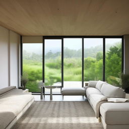 A minimalist living room design showcasing a large open space with cost-effective but stylish furnishings.