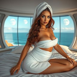A full-body image of a captivating 50-year-old woman with Arab features, long wavy brown hair, and mesmerizing cyan eyes