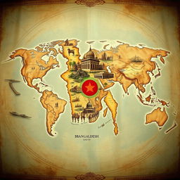 A detailed and artistic world map emphasizing the map of Bangladesh in bold, showcasing its historical significance
