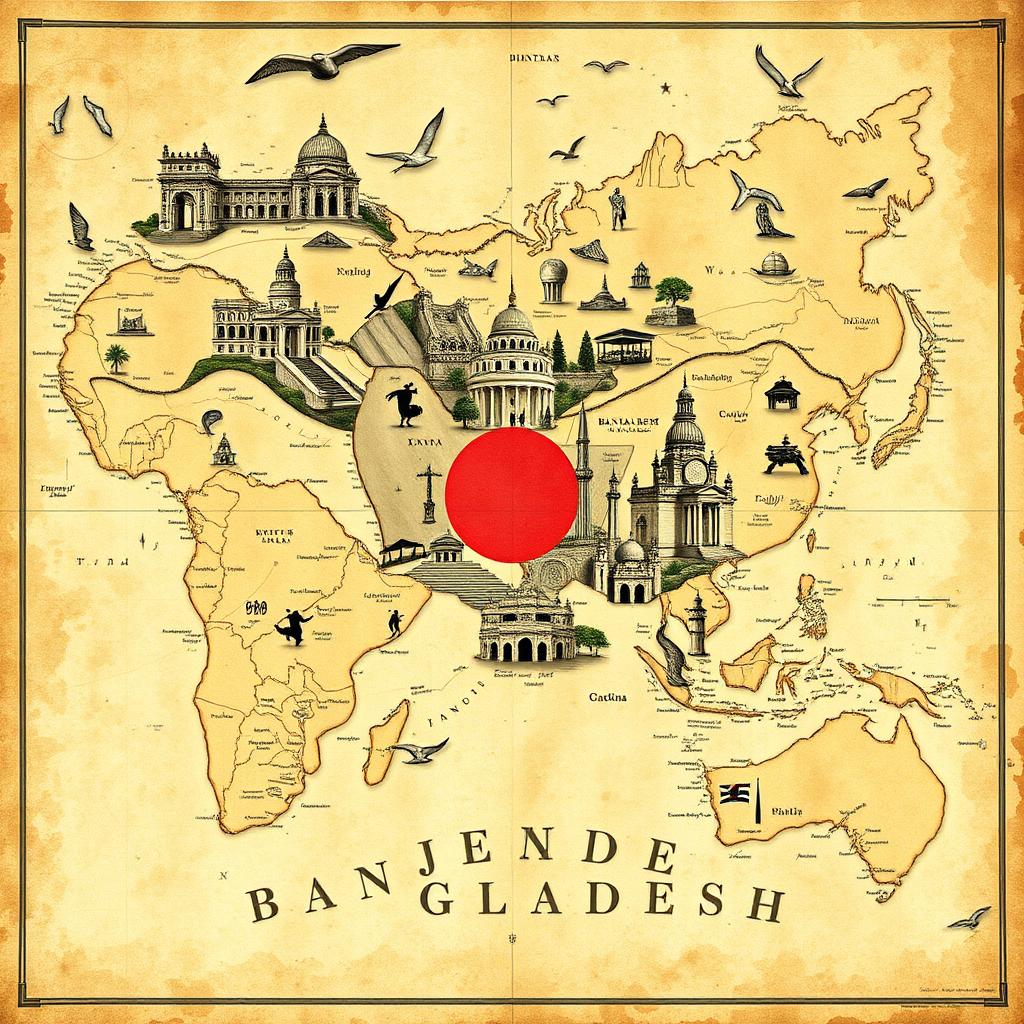 A detailed and artistic world map emphasizing the map of Bangladesh in bold, showcasing its historical significance