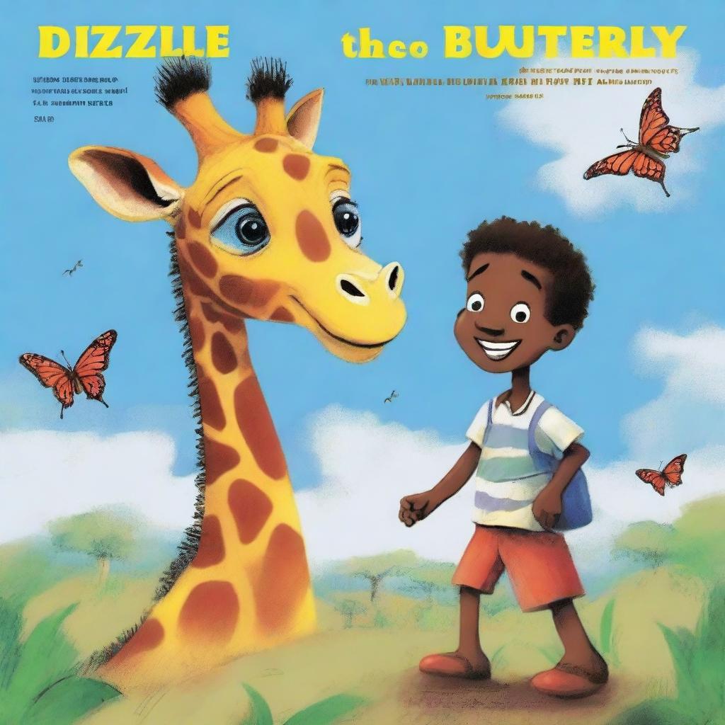 Page 1 of 'Dizzle the Butterfly' showcases a vibrant and dramatic illustration of Dizzle, caught in a hurricane, being swept from his Caribbean homeland to Africa