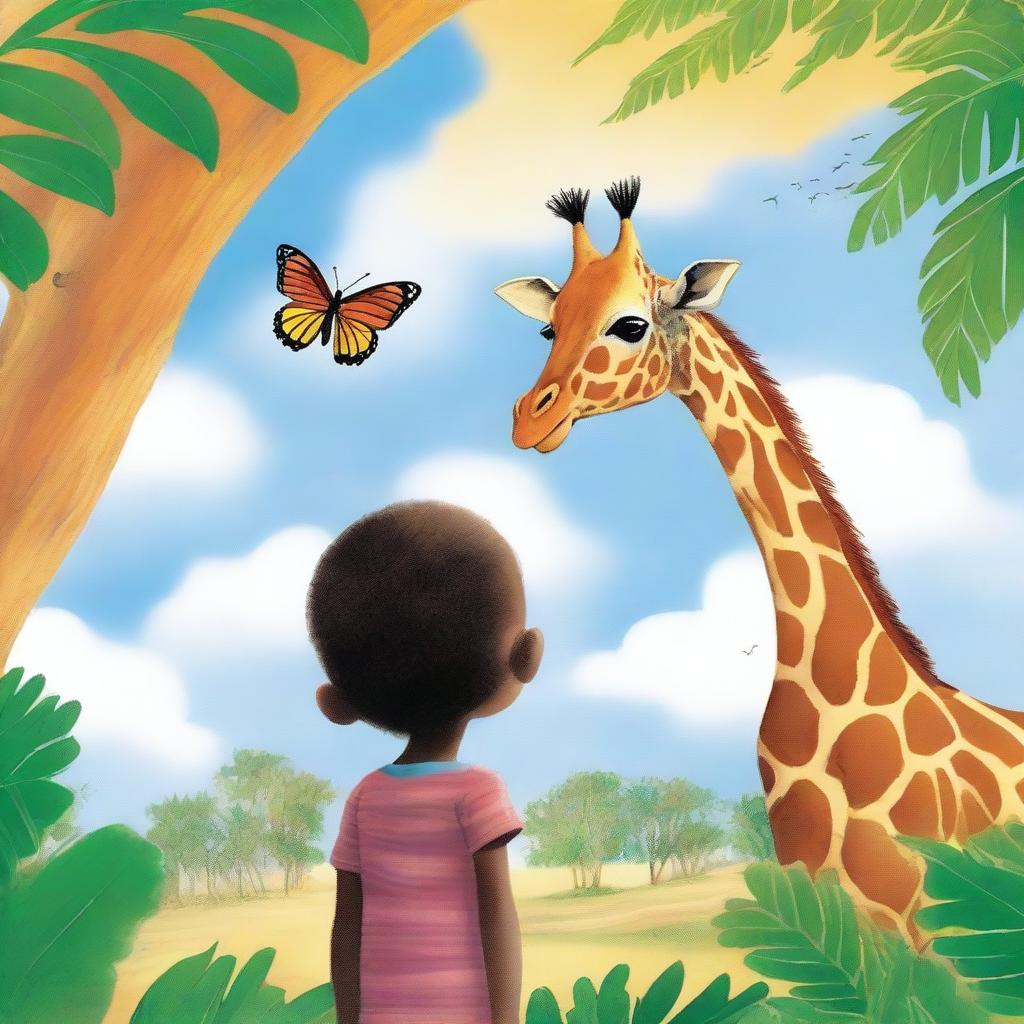 Page 1 of 'Dizzle the Butterfly' showcases a vibrant and dramatic illustration of Dizzle, caught in a hurricane, being swept from his Caribbean homeland to Africa