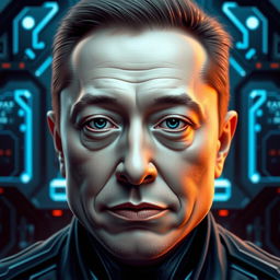 An artistic representation of a unique face resembling Elon Musk, showcasing a futuristic, cybernetic theme