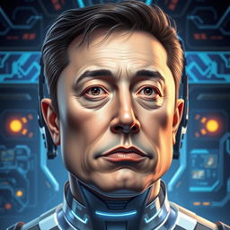 An artistic representation of a unique face resembling Elon Musk, showcasing a futuristic, cybernetic theme