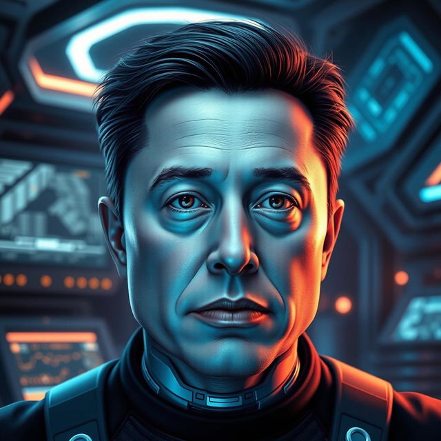 An artistic representation of a unique face resembling Elon Musk, showcasing a futuristic, cybernetic theme