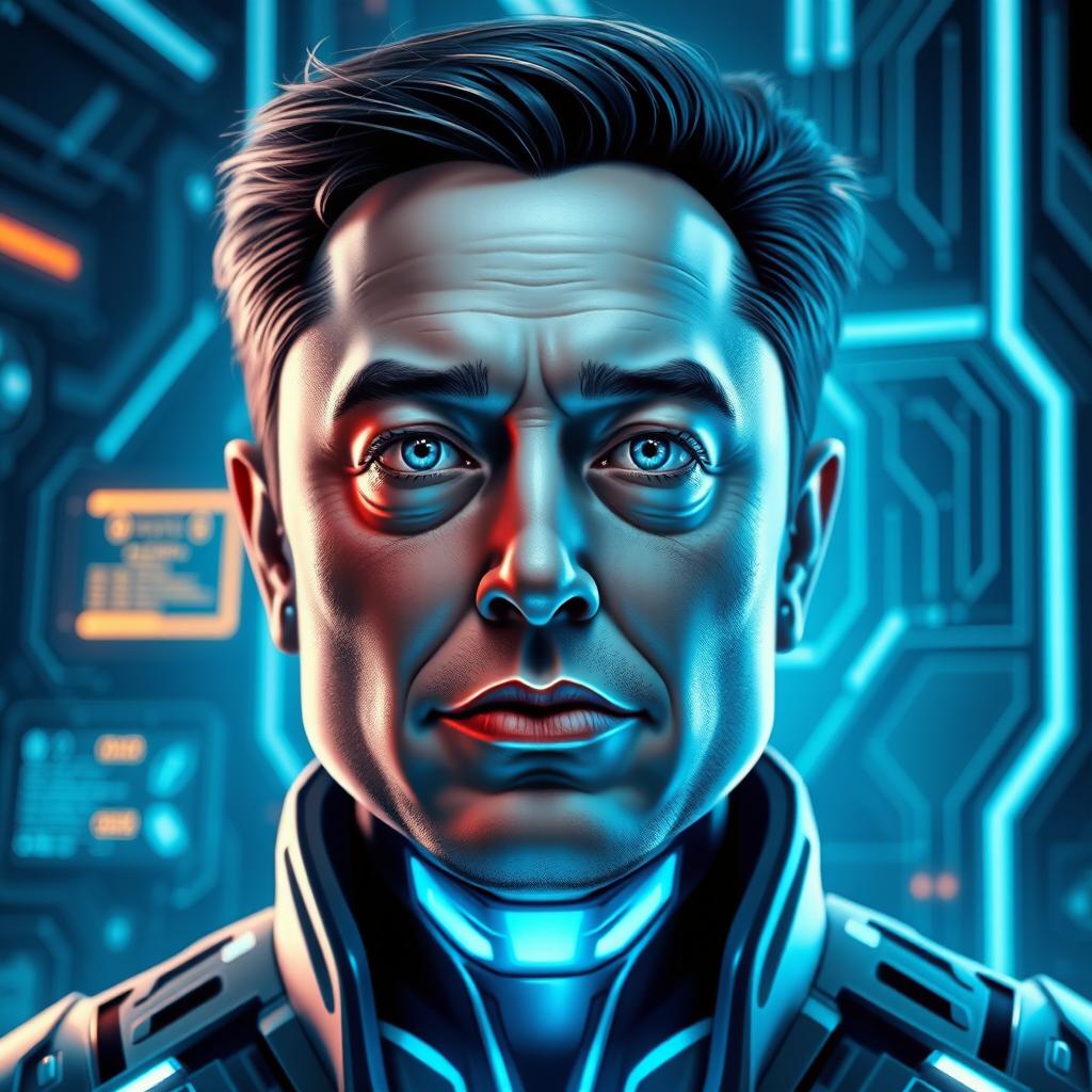 An artistic representation of a unique face resembling Elon Musk, showcasing a futuristic, cybernetic theme