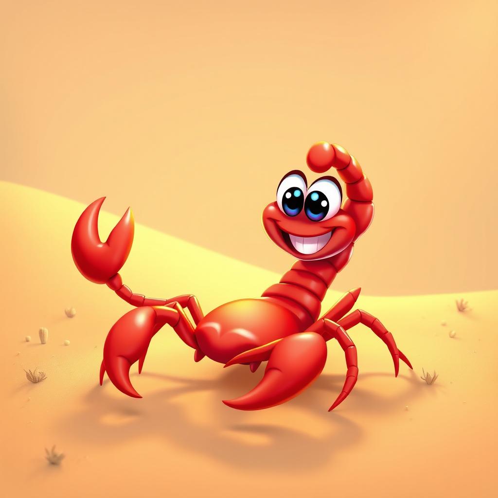 A vibrant red scorpion with a cheerful expression, standing on a sandy desert background