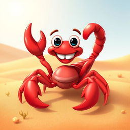 A vibrant red scorpion with a cheerful expression, standing on a sandy desert background