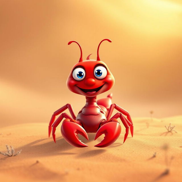 A vibrant red scorpion with a cheerful expression, standing on a sandy desert background