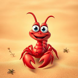 A vibrant red scorpion with a cheerful expression, standing on a sandy desert background
