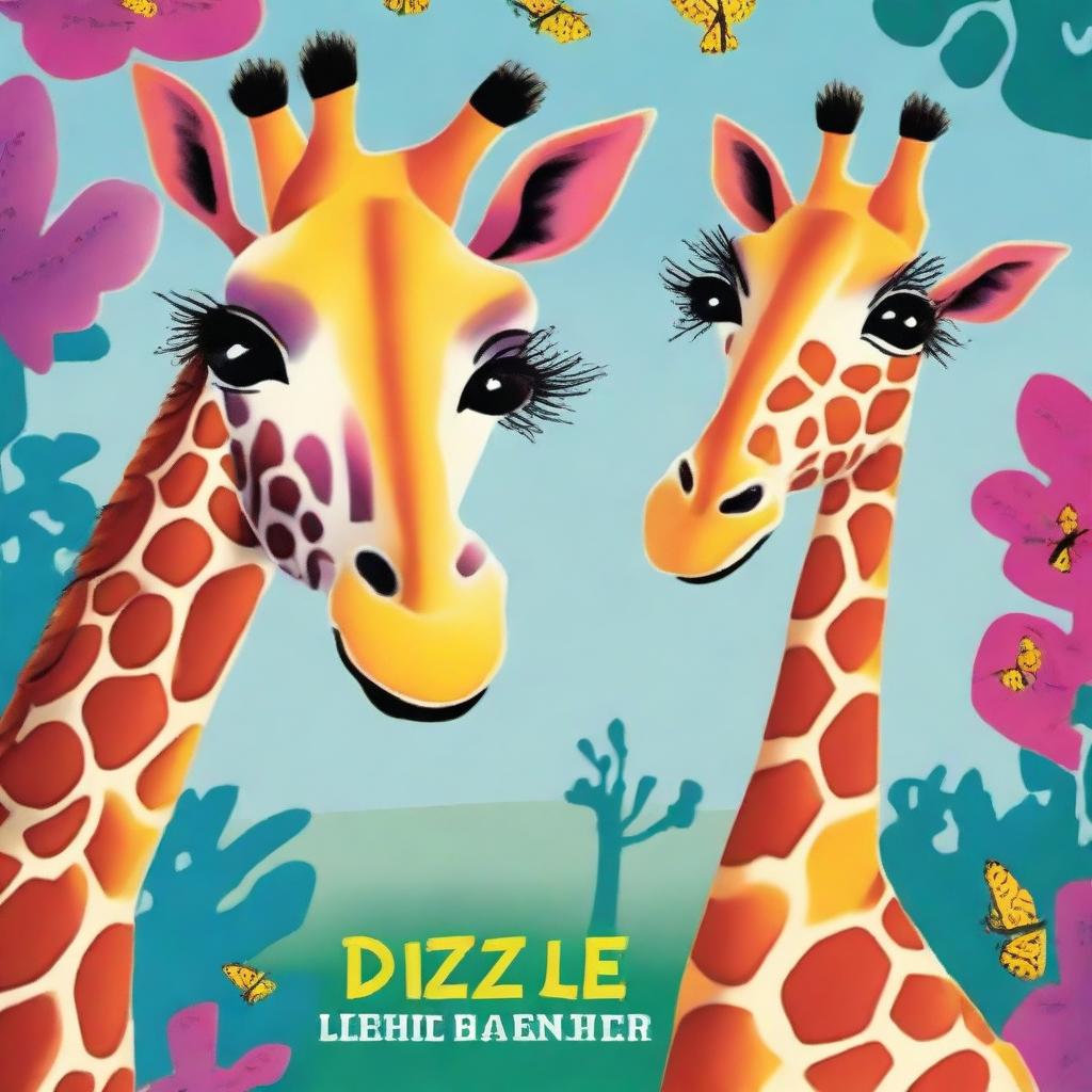 A vibrant and dramatic illustration features Dizzle, the colorful butterfly, perched on the long eyelashes of a friendly, towering African giraffe