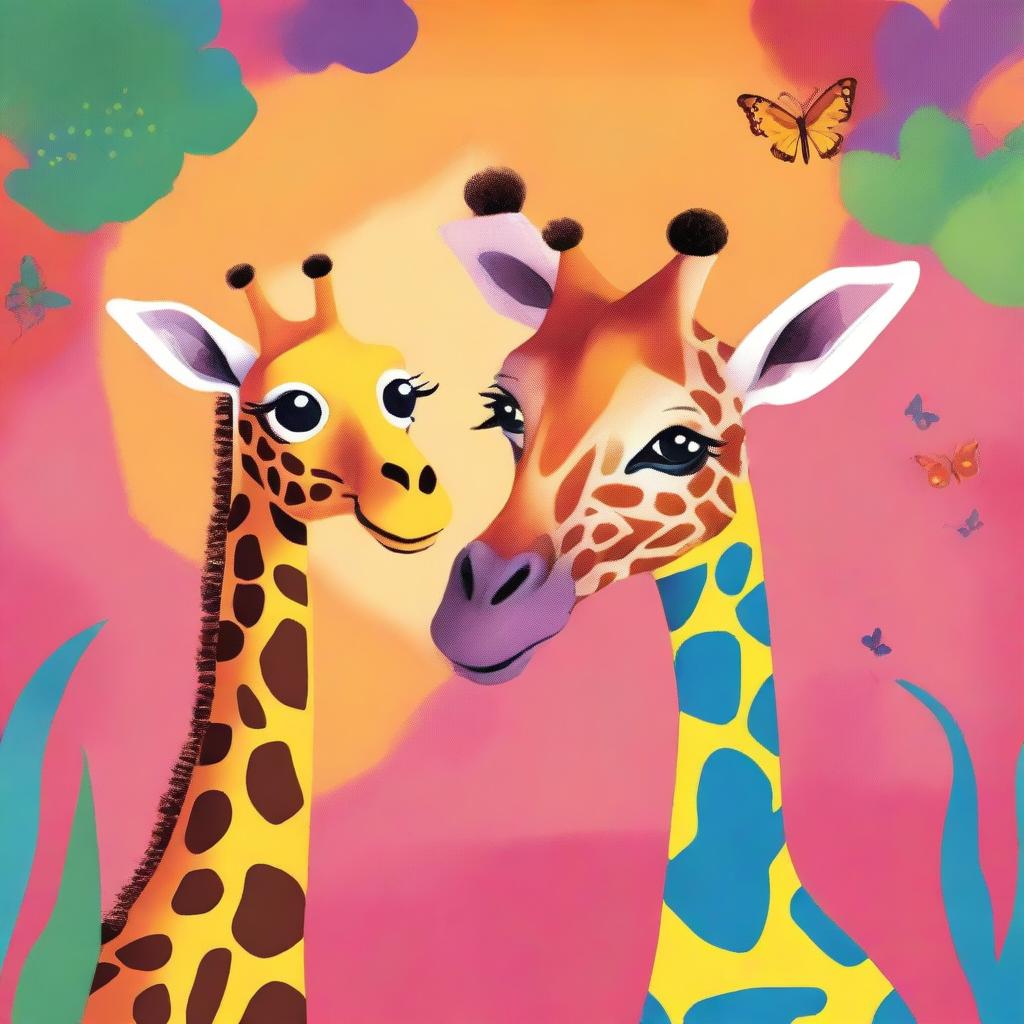 A vibrant and dramatic illustration features Dizzle, the colorful butterfly, perched on the long eyelashes of a friendly, towering African giraffe