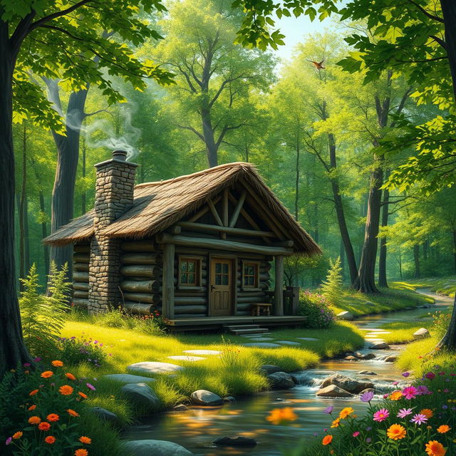 A cozy cabin nestled in a lush green forest, surrounded by towering trees and colorful wildflowers