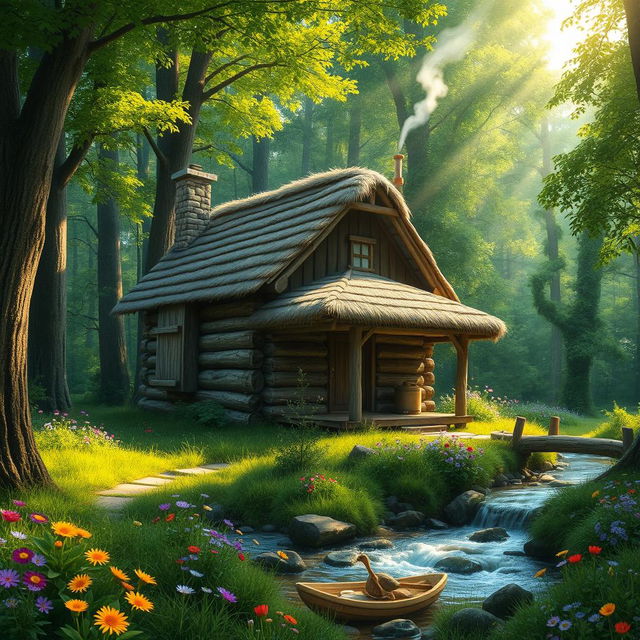 A cozy cabin nestled in a lush green forest, surrounded by towering trees and colorful wildflowers