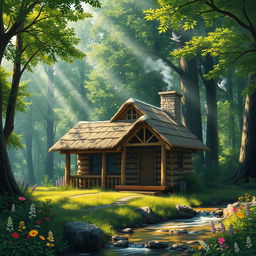A cozy cabin nestled in a lush green forest, surrounded by towering trees and colorful wildflowers