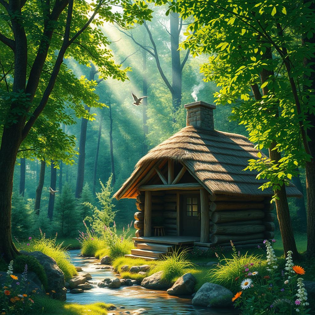 A cozy cabin nestled in a lush green forest, surrounded by towering trees and colorful wildflowers
