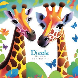 A vibrant and dramatic illustration features Dizzle, the colorful butterfly, perched on the long eyelashes of a friendly, towering African giraffe