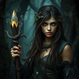 A gritty dark fantasy scene featuring a 24-year-old female half-elf druid, showcasing her rugged attire made of natural materials, blending seamlessly with her forest surroundings
