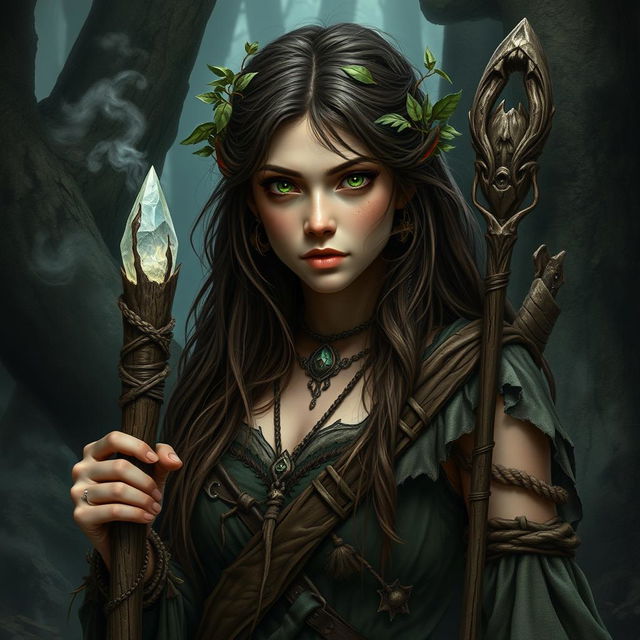 A gritty dark fantasy scene featuring a 24-year-old female half-elf druid, showcasing her rugged attire made of natural materials, blending seamlessly with her forest surroundings