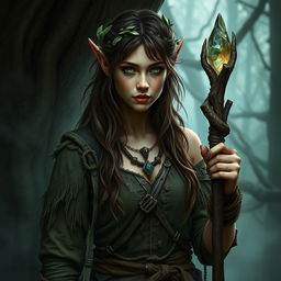 A gritty dark fantasy scene featuring a 24-year-old female half-elf druid, showcasing her rugged attire made of natural materials, blending seamlessly with her forest surroundings