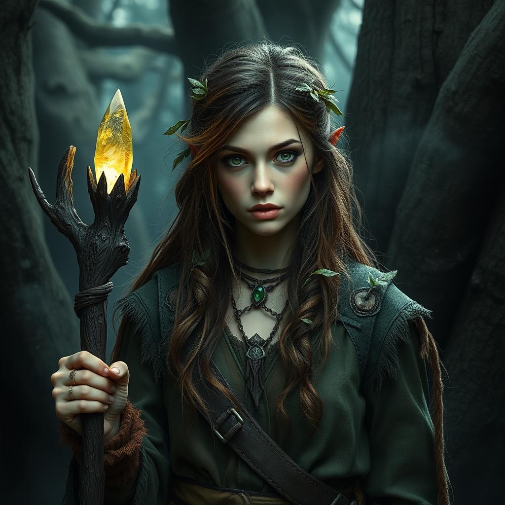 A gritty dark fantasy scene featuring a 24-year-old female half-elf druid, showcasing her rugged attire made of natural materials, blending seamlessly with her forest surroundings