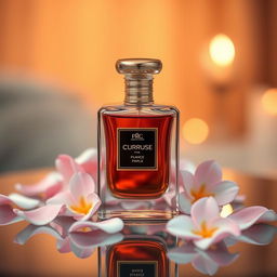 A beautifully arranged perfume bottle on a reflective surface, showcasing an elegant design with intricate details