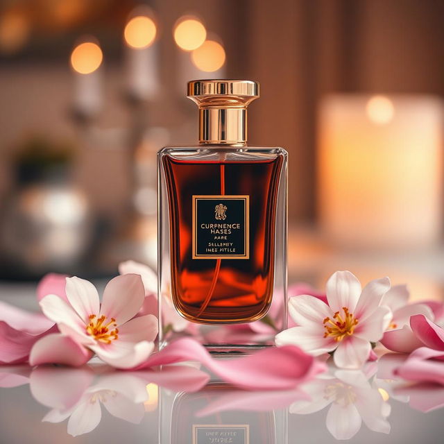 A beautifully arranged perfume bottle on a reflective surface, showcasing an elegant design with intricate details