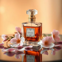 A beautifully arranged perfume bottle on a reflective surface, showcasing an elegant design with intricate details