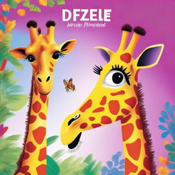 A vibrant and dramatic illustration features Dizzle, the colorful butterfly, perched on the long eyelashes of a friendly, towering African giraffe