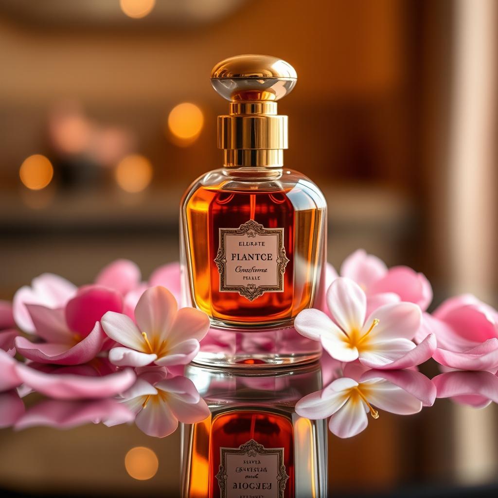 A beautifully arranged perfume bottle on a reflective surface, showcasing an elegant design with intricate details