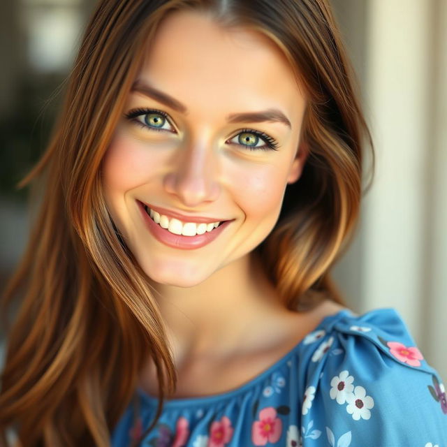 A close-up portrait of a cheerful woman with long, flowing brown hair, sparkling green eyes, and a radiant smile, wearing a stylish blue summer dress adorned with floral patterns