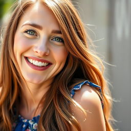 A close-up portrait of a cheerful woman with long, flowing brown hair, sparkling green eyes, and a radiant smile, wearing a stylish blue summer dress adorned with floral patterns