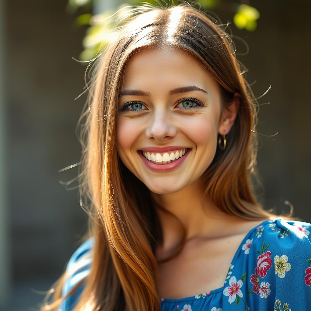 A close-up portrait of a cheerful woman with long, flowing brown hair, sparkling green eyes, and a radiant smile, wearing a stylish blue summer dress adorned with floral patterns