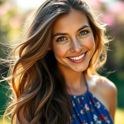 A close-up portrait of a cheerful woman with long, flowing brown hair, sparkling green eyes, and a radiant smile, wearing a stylish blue summer dress adorned with floral patterns