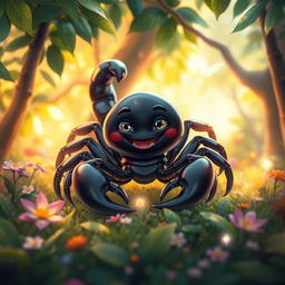 A cheerful black scorpion with a glossy exoskeleton, positioned in a vibrant, enchanted forest