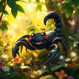 A cheerful black scorpion with a glossy exoskeleton, positioned in a vibrant, enchanted forest